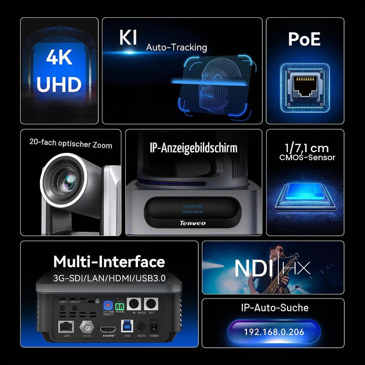 Tenveo 4K PTZ-Kamera mit NDI, AI-Auto-Tracking, 20-Fach Optischer Zoom, 3G-SDI USB3.0 HDMI LAN PoE A