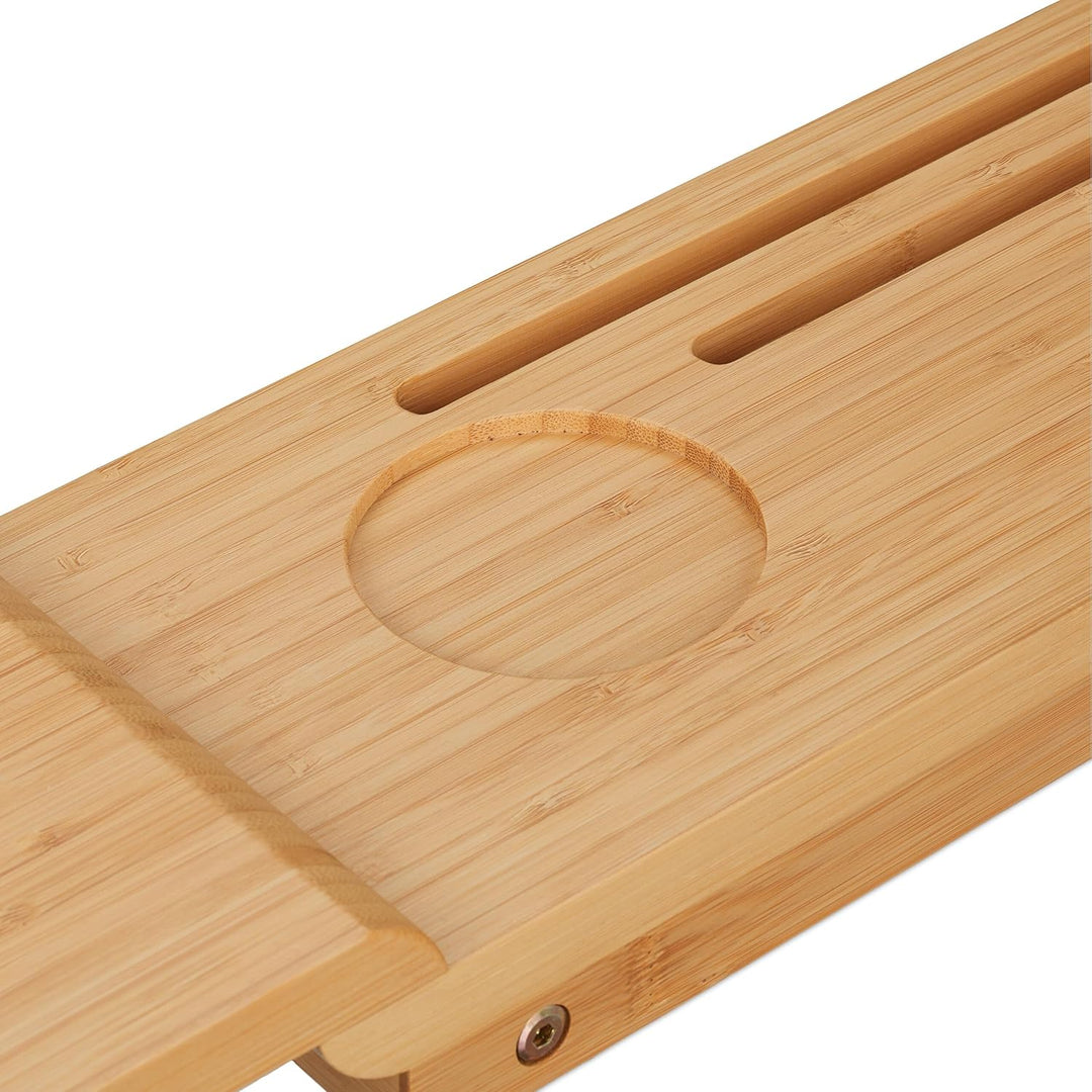 Relaxdays Badewannenablage Bambus, 70cm breit, Badetablett für Glas, Handy, Tablet, Badewannenbrett