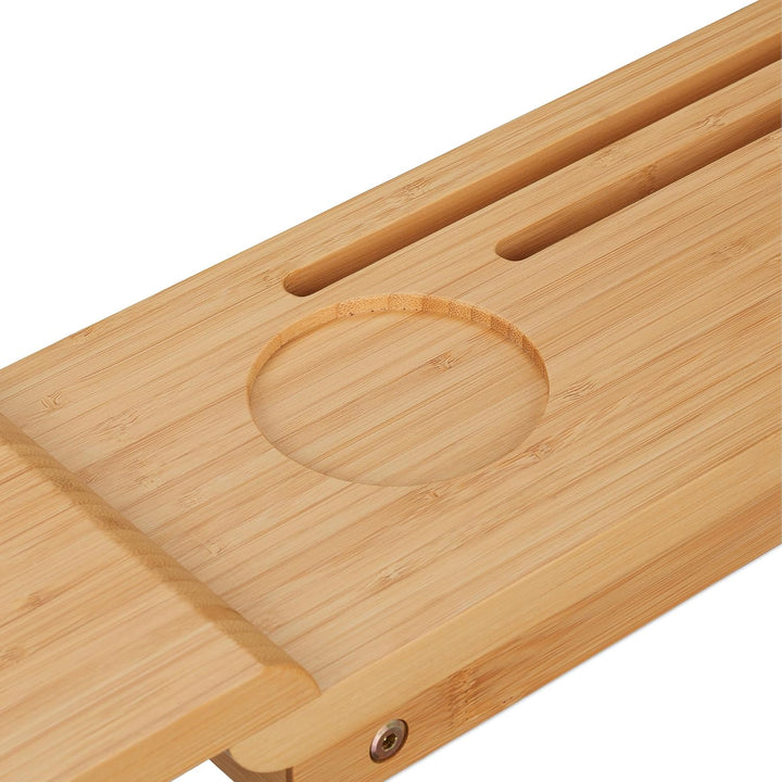 Relaxdays Badewannenablage Bambus, 70cm breit, Badetablett für Glas, Handy, Tablet, Badewannenbrett