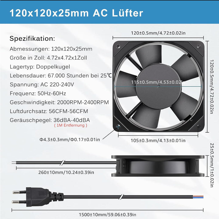 GDSTIME 120mm Lüfter 230V Lüfter 120 x 25mm 220V Lüfter Dual Kugellager AC 240V Bürstenlos Kühlung L