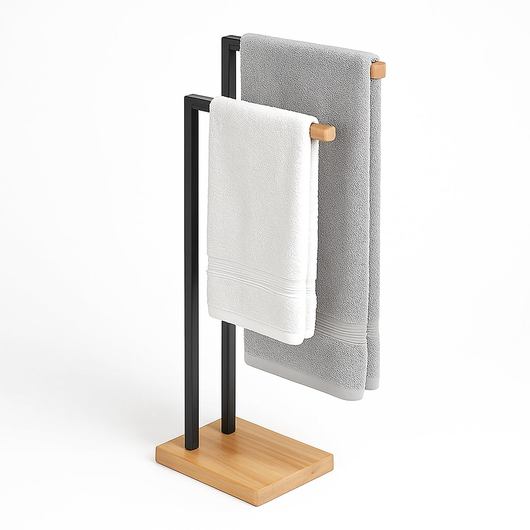 Relaxdays Handtuchhalter stehend, Handtuchständer mit 2 Stangen, für Hand- & Badetücher, Eisen & Bam