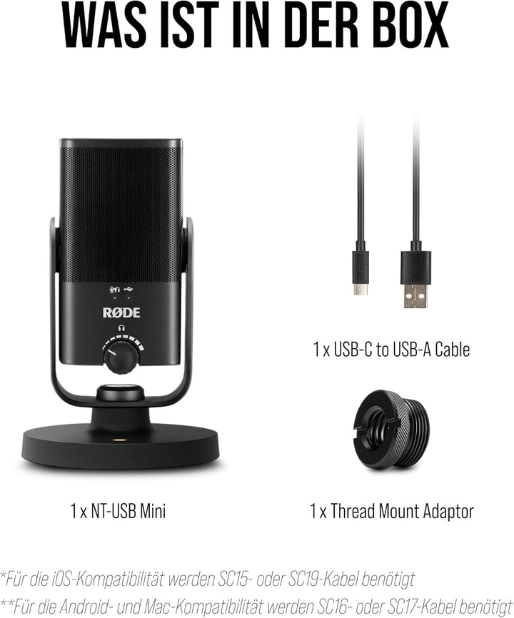 RØDE NT-USB Mini-Kondensator-USB-Mikrofon in Studioqualität + SC17 USB-C-auf-USB-C-Kabel (1,5 m - An