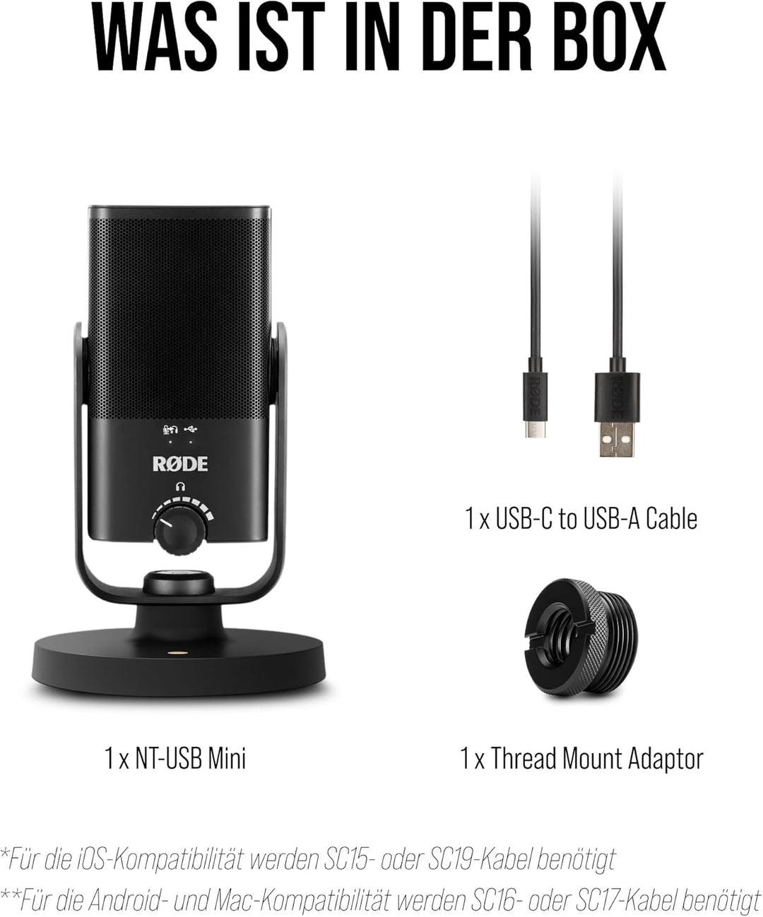 RØDE NT-USB Mini-Kondensatormikrofon in Studioqualität + SC19 USB-C-Lichtkabel (1,5m - iOS-kompatibe