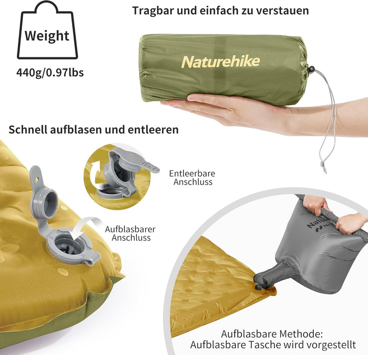 Naturehike 3,5R- Wert Camping Isomatte Ultralight 4 Jahreszeiten (-6℃) Selbstaufblasend mit aufblasb