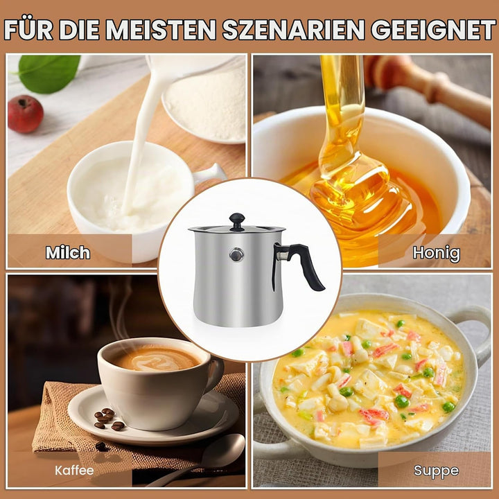 Milchtopf Induktion, 1.5 Liter Edelstahl Milchtopf, Doppelwandig Kochtopf mit Ausgiesser und Glasdec