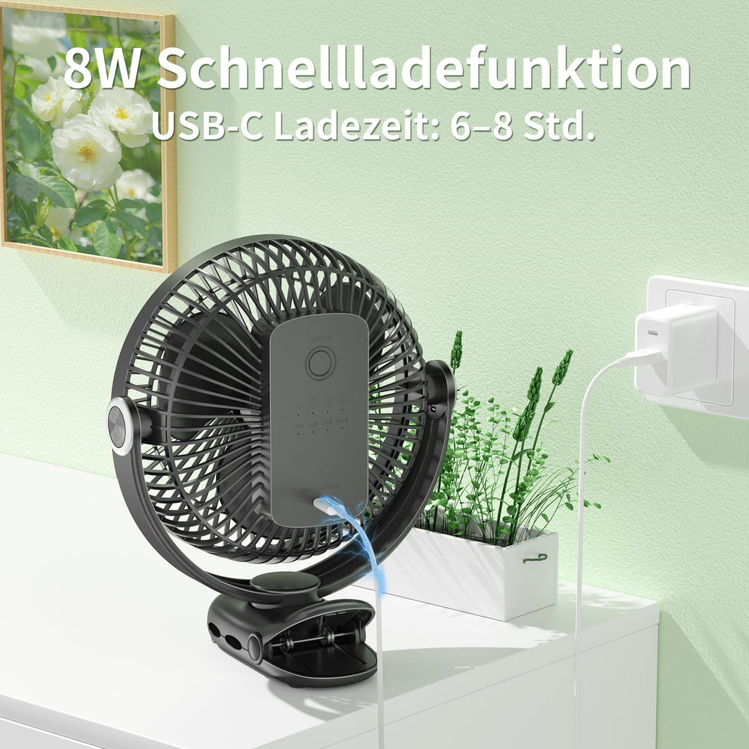 20cm Tragbarer Clip-On-Ventilator, 10000mAh Akku-Ventilator mit Clip für Kinderwagen, 720 Grad Drehu