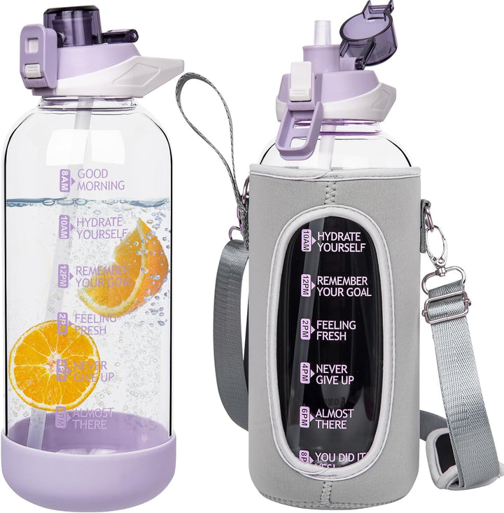 Seekua 2l Sport Trinkflasche Glas Flasche mit Strohhalm & Zeitmarkierung auslaufsicher bpa frei 2 li