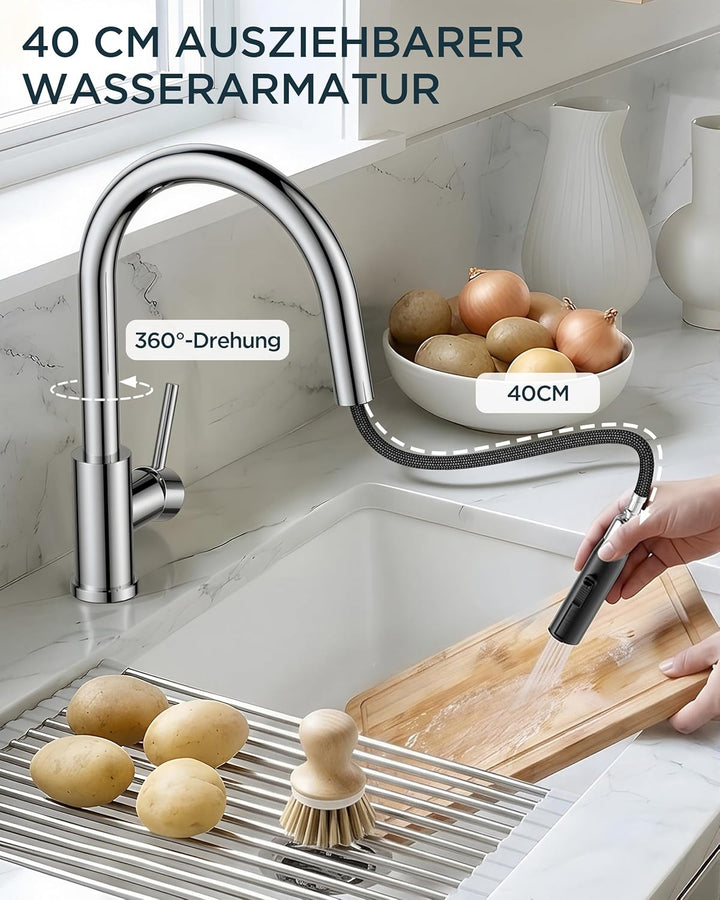 FORIOUS Wasserhahn Küche, Mischbatterie Küche mit Ausziehbar, Hochgebogene Küchenarmatur mit 2 Sprüh