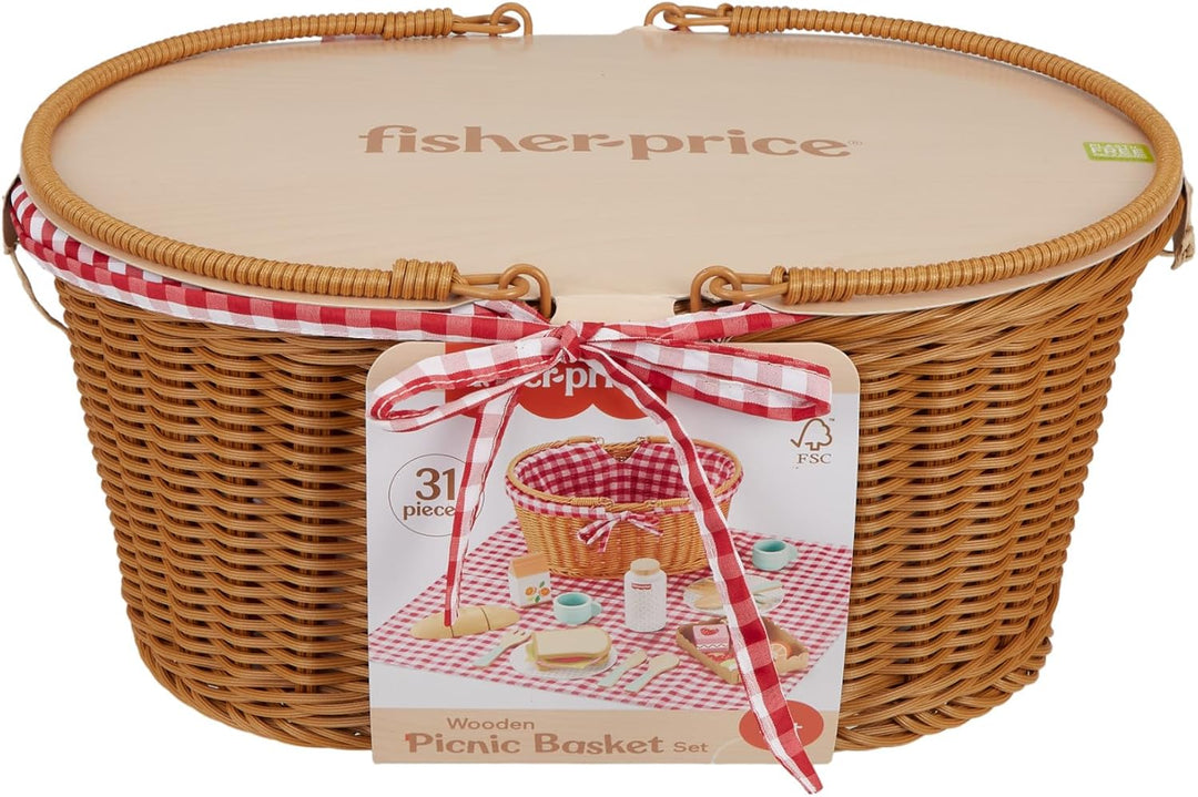 Fisher-Price Picknickkorb-Set aus Holz für Rollenspiele, 31 Holzteile für Kindergartenkinder ab DREI