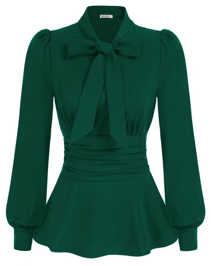 GRACE KARIN Damen Mittelalter Festlich Blusen Langarm OL Puff Langrm Bow-Knot Elegant Oberteil S Grü