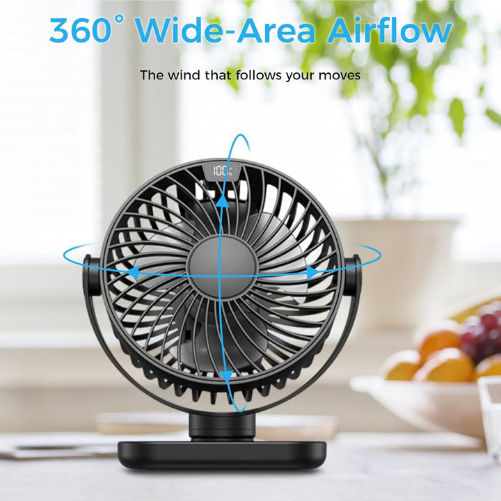 Schreibtischventilator, USB, 4 Geschwindigkeitsstufen, super leise, LED-Anzeige, 5000 mAh, Akku, Sch