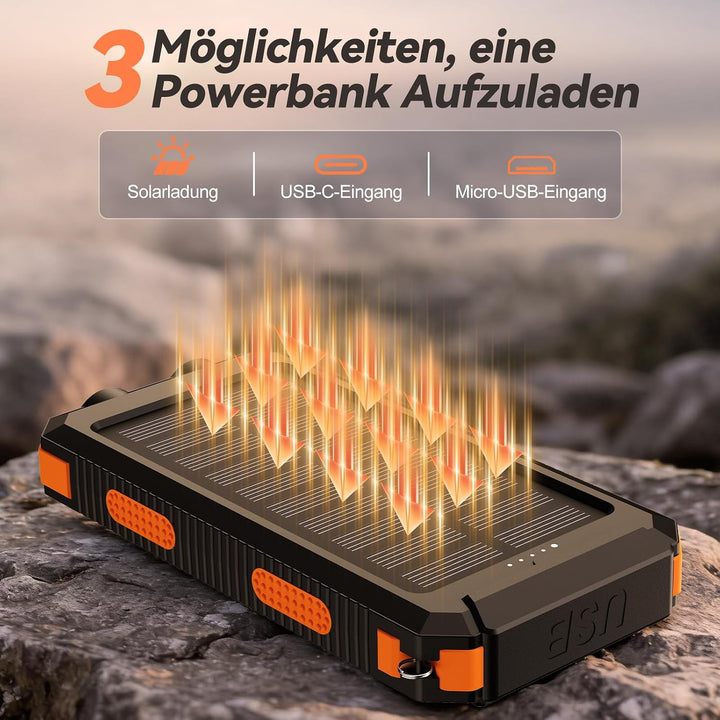 Vikeri Solar Powerbank 26800mAh, Tragbares Solarladegerät | Wasserdichtes USB C Externer Akku mit 4