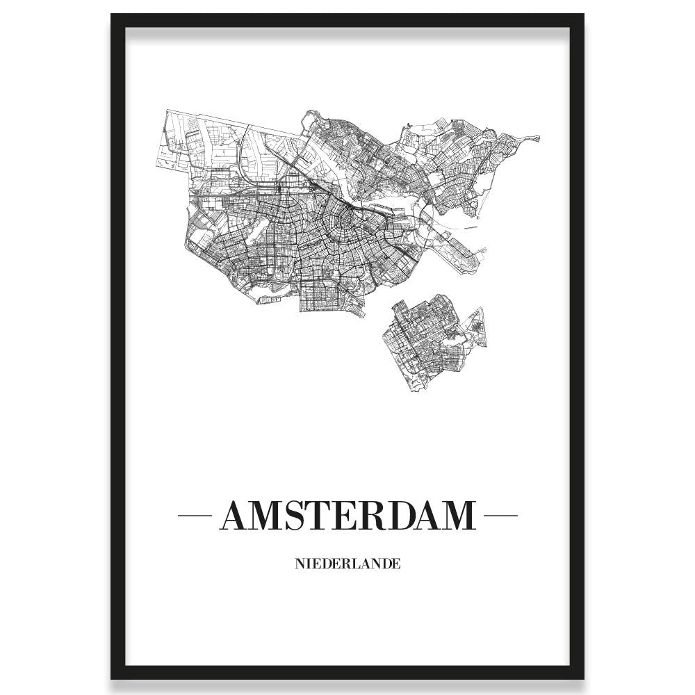 JUNIWORDS Stadtposter, Amsterdam, Wähle eine Grösse, 21 x 30 cm, Poster mit Rahmen, Schrift A, Weiss