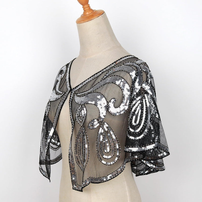 keland Damen Festlich Pailletten Umhang Schal Schultertuch Stola Tuch für Abendkleid X-schwarz & Sil