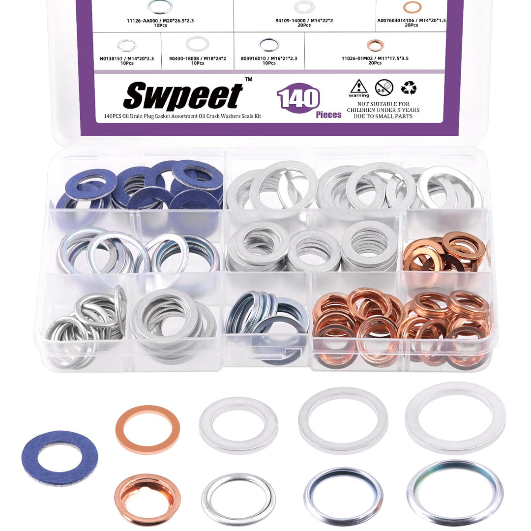 Swpeet 140Pcs 9 Arten Öl Drain Plug Dichtung Assortiment Kit, Aluminium/Kupfer/Stahl Öl Crush Unterl