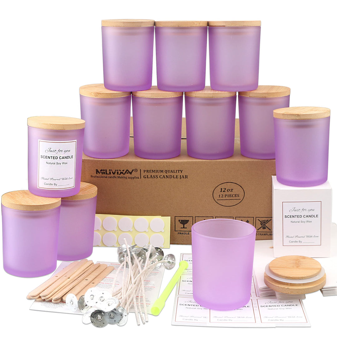 MILIVIXAY 12 Stück 340 ml matte lila Glaskerzengläser mit Deckel und Kerzenherstellungs-Kits – leere