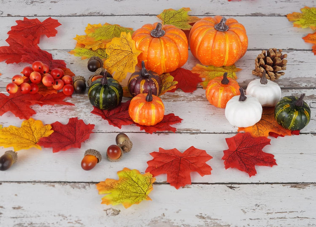 Miaikoe 162 Pcs Herbst Künstliche Ahornblätter, Ernst Kürbisse, Eicheln, Kiefernzapfen und Orange Be