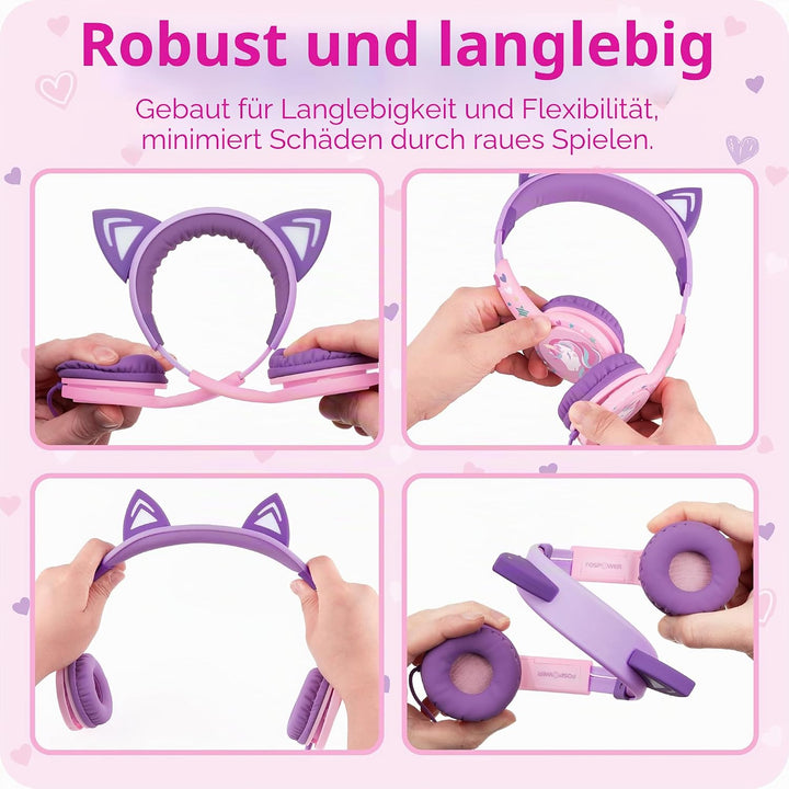 FosPower Kinderkopfhörer mit LED Katzenohren, 85dB Lautstärkebegrenzung, 3.5mm On-Ear Kabelgebundene