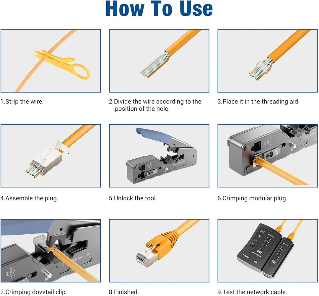 FGB Netzwerk Werkzeug Set, Pass Through RJ45 Crimpzange für Cat7 Cat6 Cat5 mit 4 x Netzwerkstecker C
