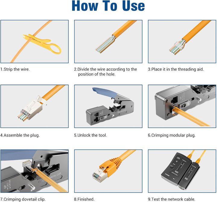 FGB Netzwerk Werkzeug Set, Pass Through RJ45 Crimpzange für Cat7 Cat6 Cat5 mit 4 x Netzwerkstecker C