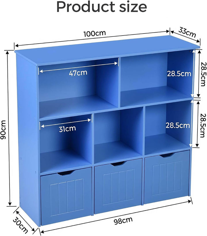 Kinder Bücherregal Blau – 3 Schubladen mit Rollen, 5 Fächer, Standregal mit Aufbewahrung, Kleidersch
