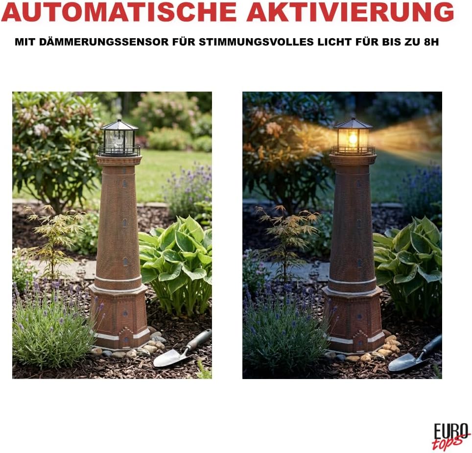Solar-Leuchtturm Borkum aus Polyresin, LED Leuchtfeuer automatisch, wetterfest IP44, handbemalt, Gar