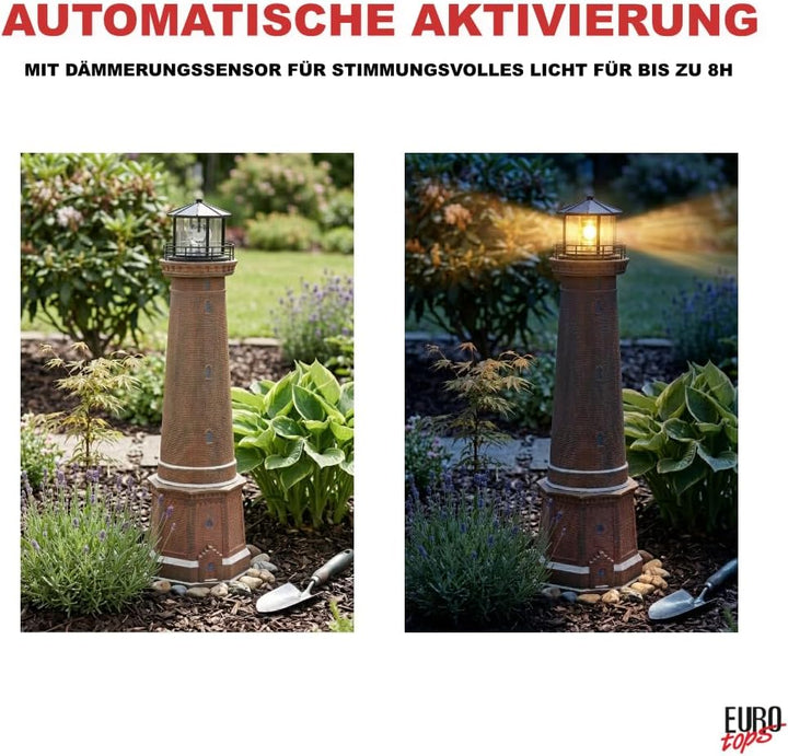Solar-Leuchtturm Borkum aus Polyresin, LED Leuchtfeuer automatisch, wetterfest IP44, handbemalt, Gar
