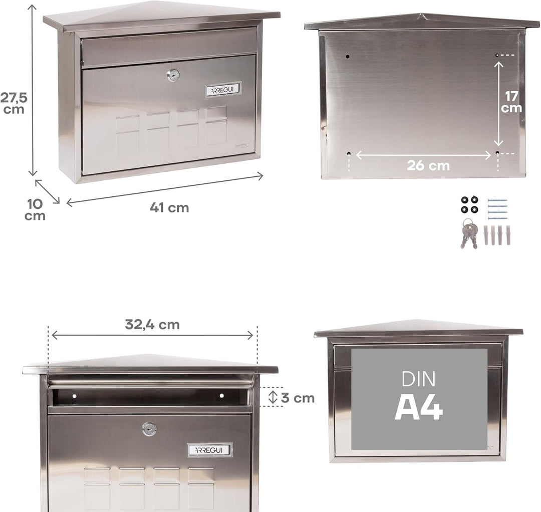 ARREGUI M105832 Deco E5707 Individueller Briefkasten aus rostfreiem Stahl, Grösse M (DIN A4 und Zeit