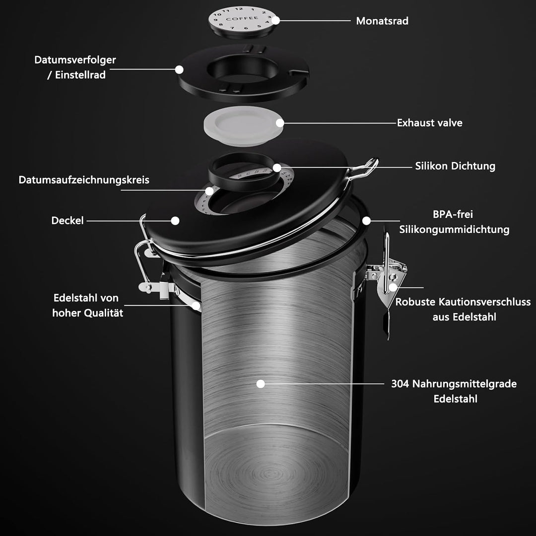 Edelstahl Kaffeedose 1,8L luftdicht, Kaffeebohnenbehälter mit Datumsanzeige (Schwarz), Schwarz
