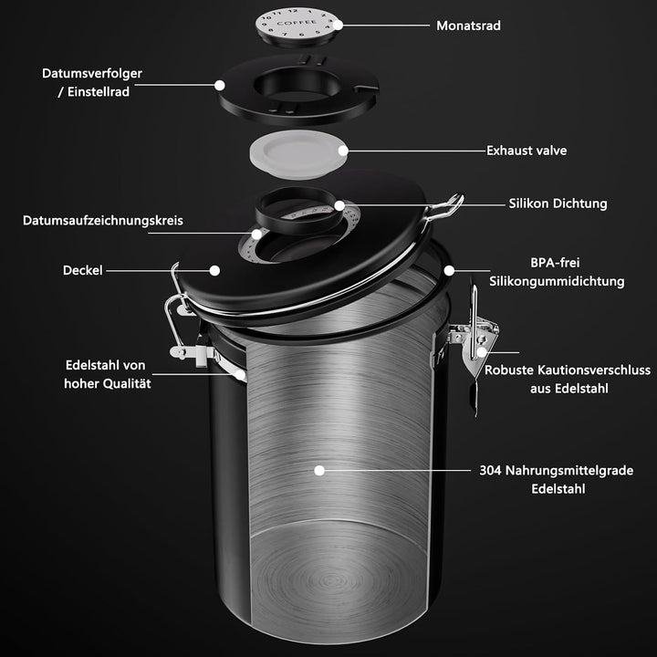 Edelstahl Kaffeedose 1,8L luftdicht, Kaffeebohnenbehälter mit Datumsanzeige (Schwarz), Schwarz