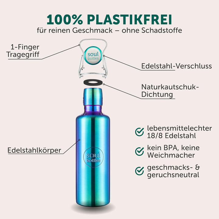 soulbottles Edelstahl-Trinkflasche 750 ml utopia • im Regenbogen-Design • 100% plastikfrei • federle