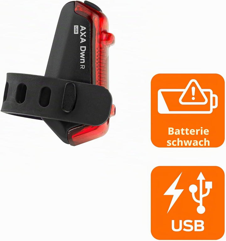 AXA Fahrradlicht Set Dwn 30 Lux – USB Aufladbar – 11 Stunden Leuchtdauer – Batterieanzeige – StVZO Z
