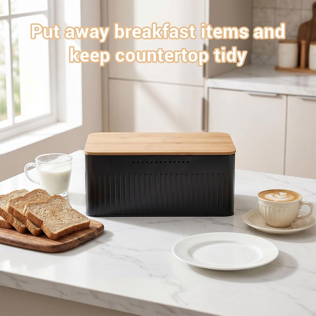 Brotkasten Metall, Brotbox mit Bambusdeckel, Brotaufbewahrung, Bread Box Gross, Brot Brötchen Toast,