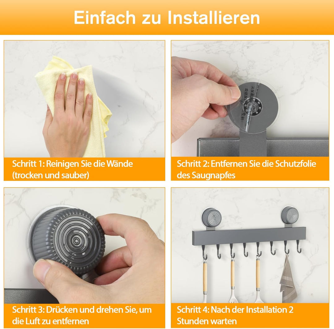 Hakenleiste Küche Ohne Bohren mit 8 Haken, Küchenhaken mit Saugnapf, Küchenhalterung aus Kohlenstoff