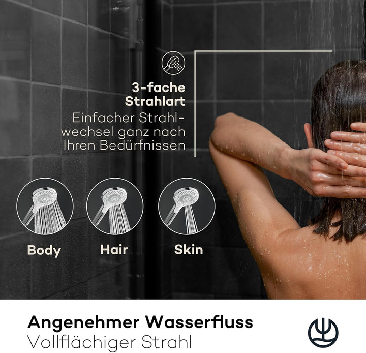 KLUDI-X3 Universal Duschkopf mit Schlauch, Duschbrause optional wassersparend mit 3 Strahlarten (Bod