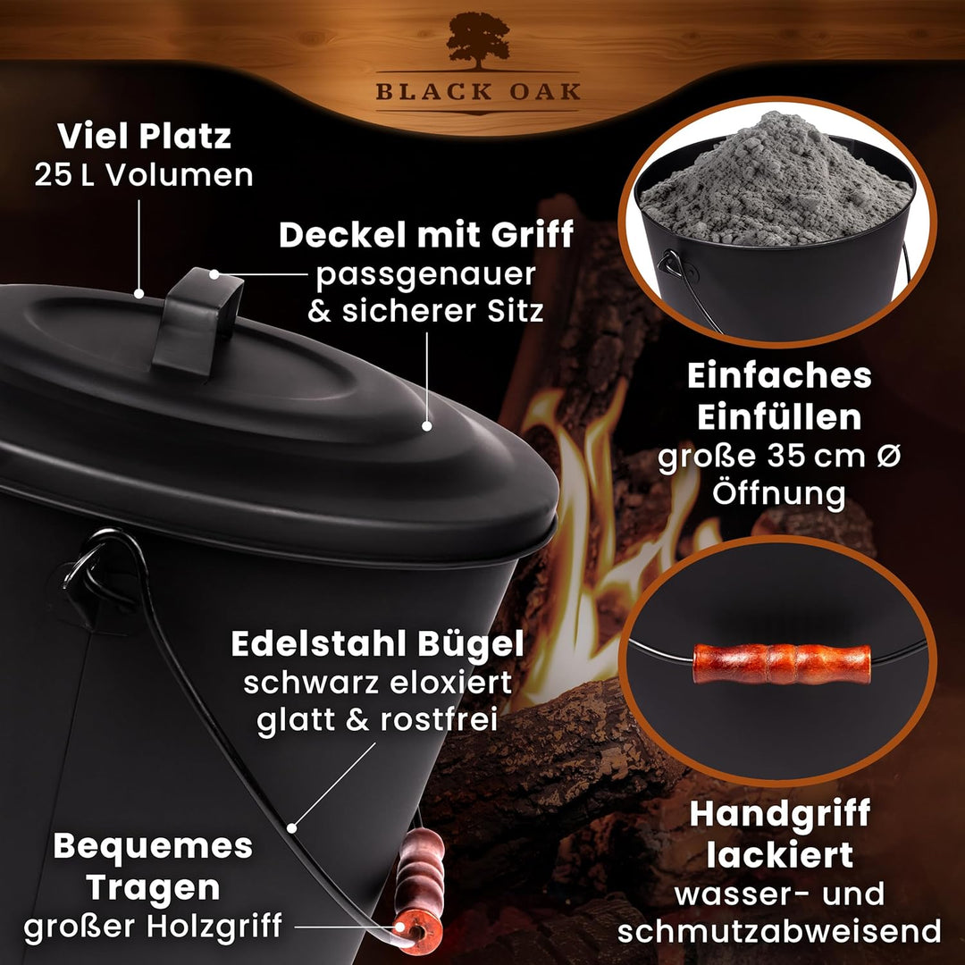BLACK OAK Ascheeimer Santorini 25L – SET Schaufel & Besen gross 25 Liter schwarz rund mit Deckel Sta