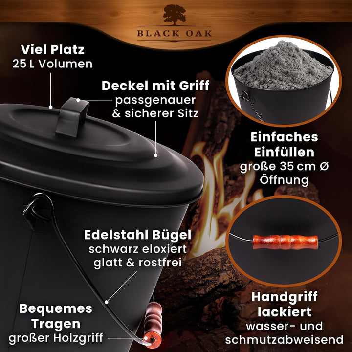 BLACK OAK Ascheeimer Santorini 25L – SET Schaufel & Besen gross 25 Liter schwarz rund mit Deckel Sta