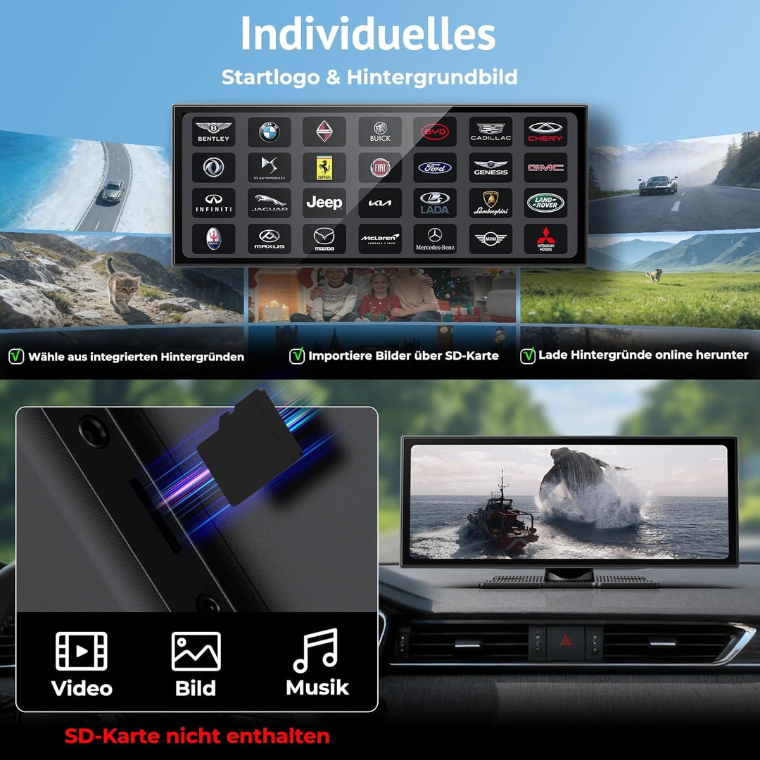 11,26" Wireless CarPlay Bildschirm,Tragbarer CarPlay & Android Auto Display,1080P Rückfahrkamera,Spl