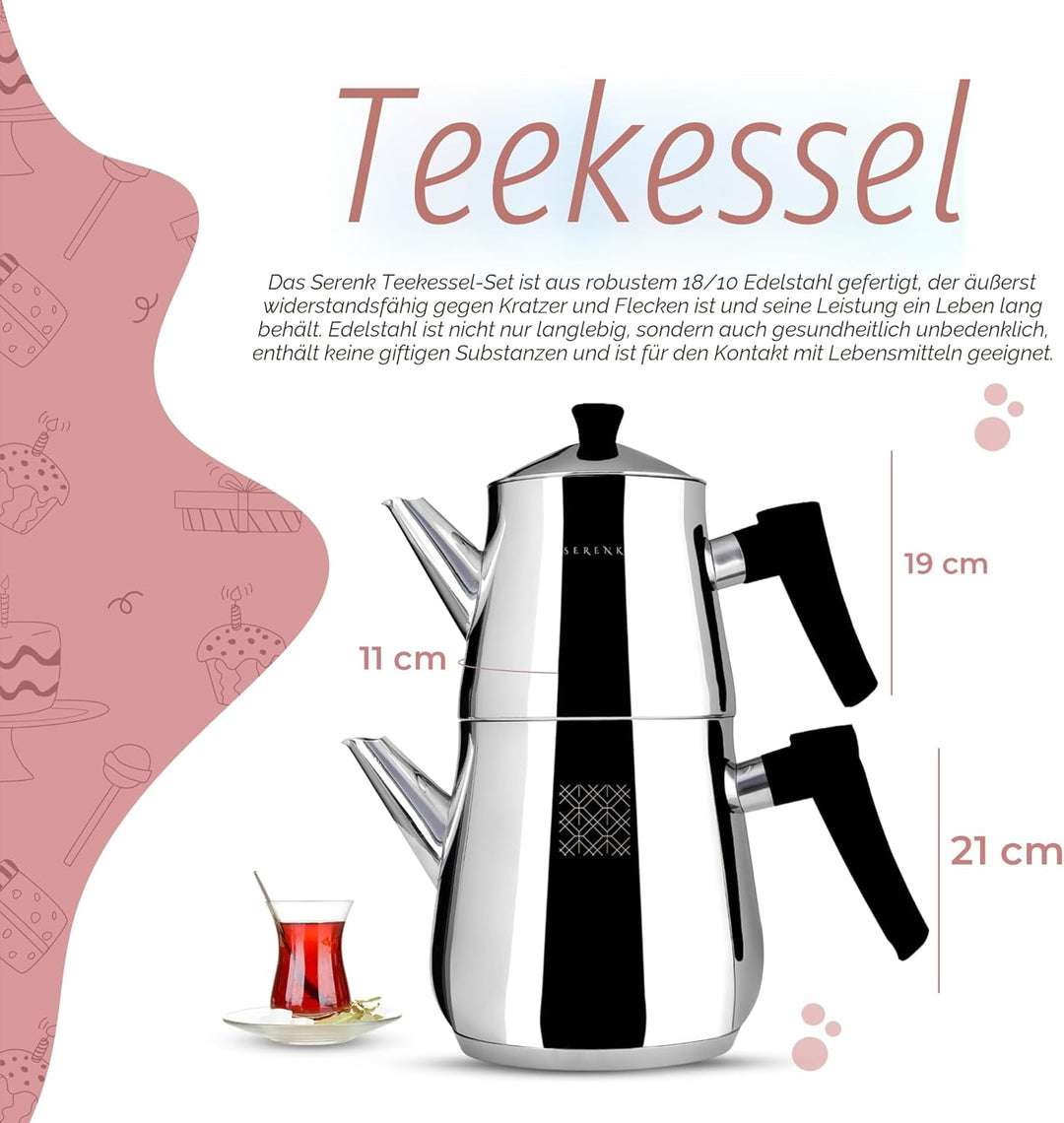 Serenk Edelstahl-Teekannen-Set, 1L & 2L, Doppelstöckig, Induktionsgeeignet, Schwarzer Griff Silber/S