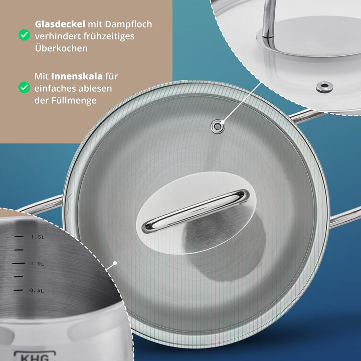 KHG Topf Kochtopf Fleischtopf 16 cm Induktion, Edelstahl unbeschichtet inkl. Glasdeckel | 9,5 cm hoh