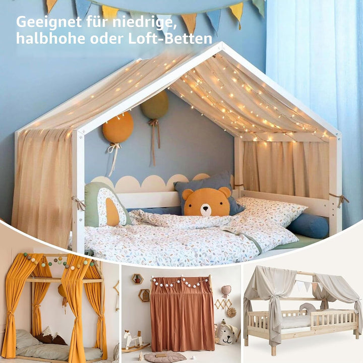 Hausbetthimmel 2 Stück, handgefertigt aus 100% Baumwoll-Musselin, Stoffhimmel zur Hausbettdekoration