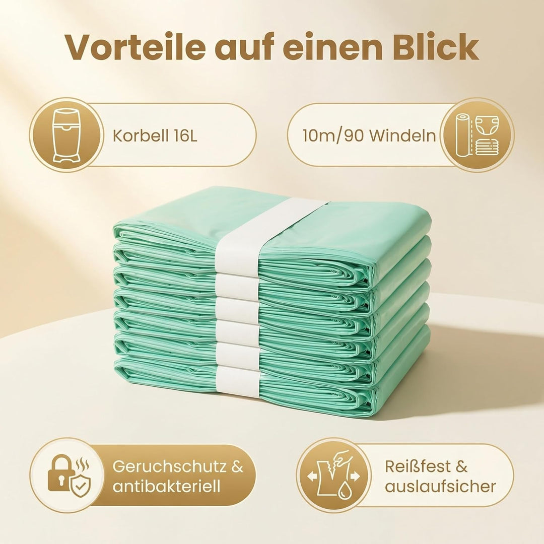 8er Pack Windelsack Nachfüllrollen | Kompatibel mit Korbell 16L Windeleimer | 10m Endlosrolle mit Ge