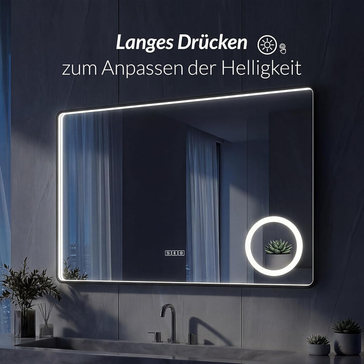 LED Badspiegel mit Aluminiumrahmen & Bluetooth, 5mm Kupferfreier HD Silber-Spiegel, 3 Lichtfarben Di