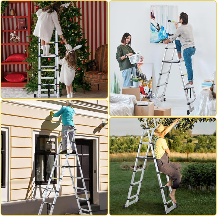 Teleskopleiter 1,7m+2,0m, Aluminium Anti-Rutsch Leiter Ausziehbar, Mehrzweckleiter, Klappleiter A-Ra
