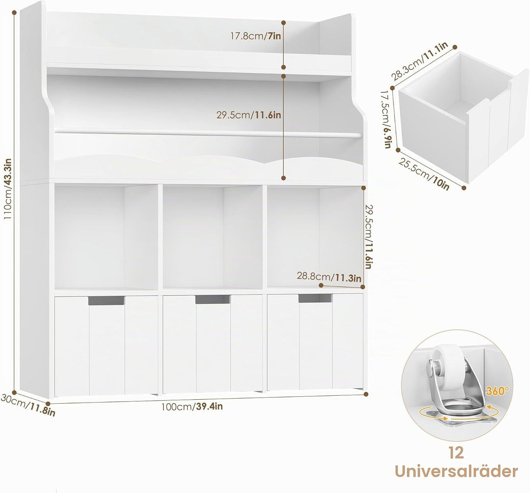 HOCSOK 110cm Kinderregal mit Boxen auf Rollen, Kinderbücherregal mit 4 Ablagefächern, Spielzeugregal