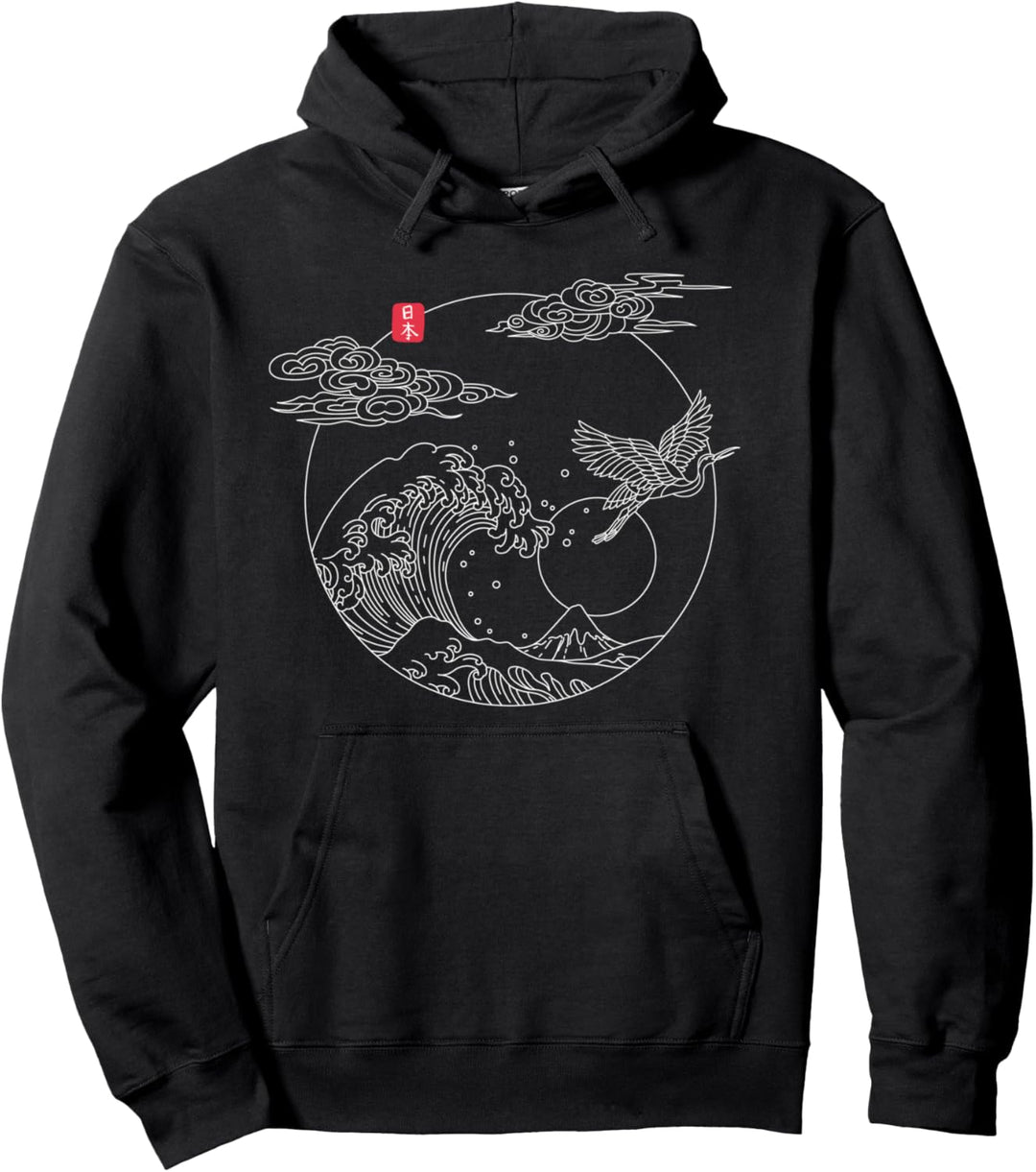 Japanische Vintage-Linien-Kranich Die grosse Welle vor Kanagawa Pullover Hoodie