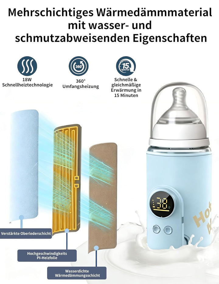 Flaschenwärmer Baby, Babyflaschenwärmer mit 8000mAh Akku, 6 Temperaturstufen 38-50℃, LED-Anzeige &amp; N