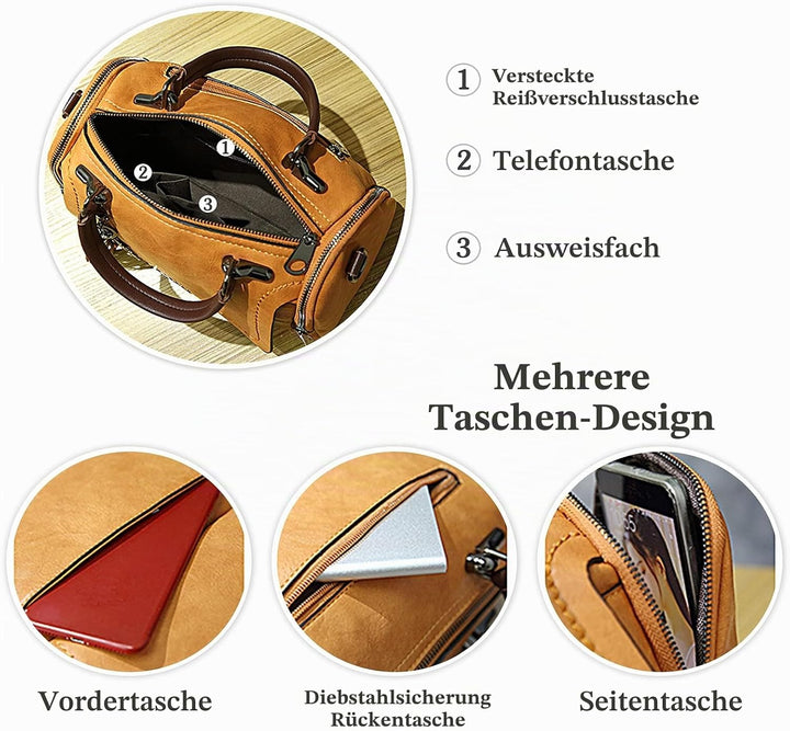 PORRASSO Retro Handtasche Damen Umhängetaschen Frauen Schultertaschen Wasserdicht PU Leder Henkeltas