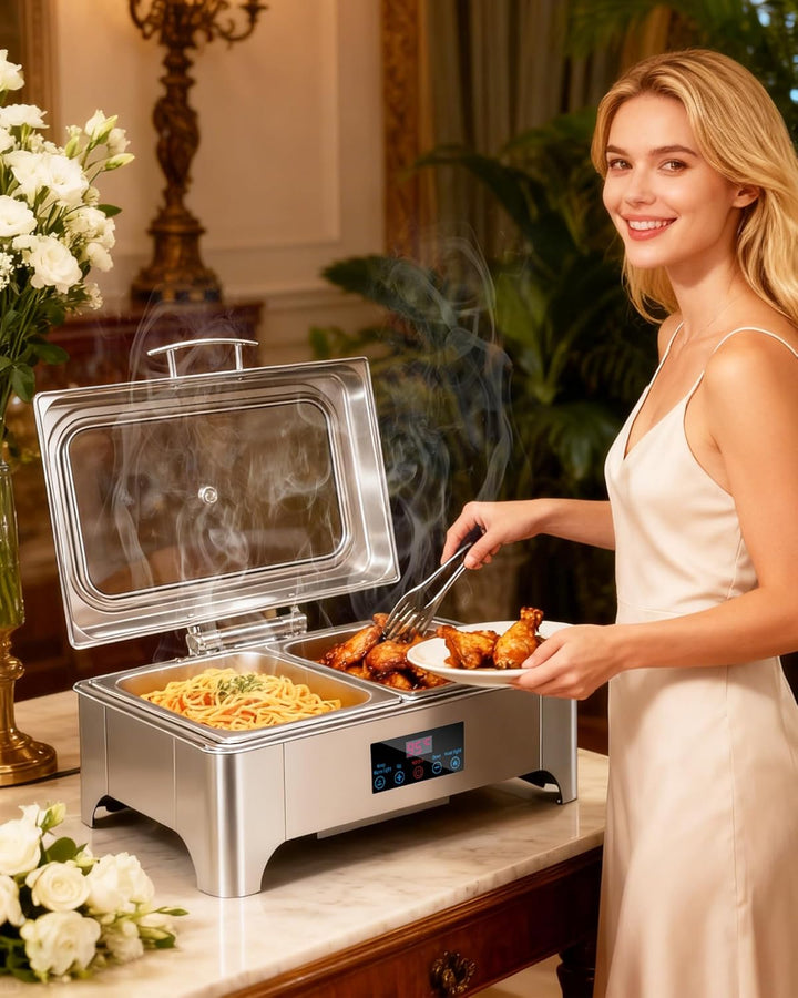Chafing Dish Elektrisch, 9L Professioneller Speisenwärmer, Buffetwärmer mit Touchscreen Temperaturre