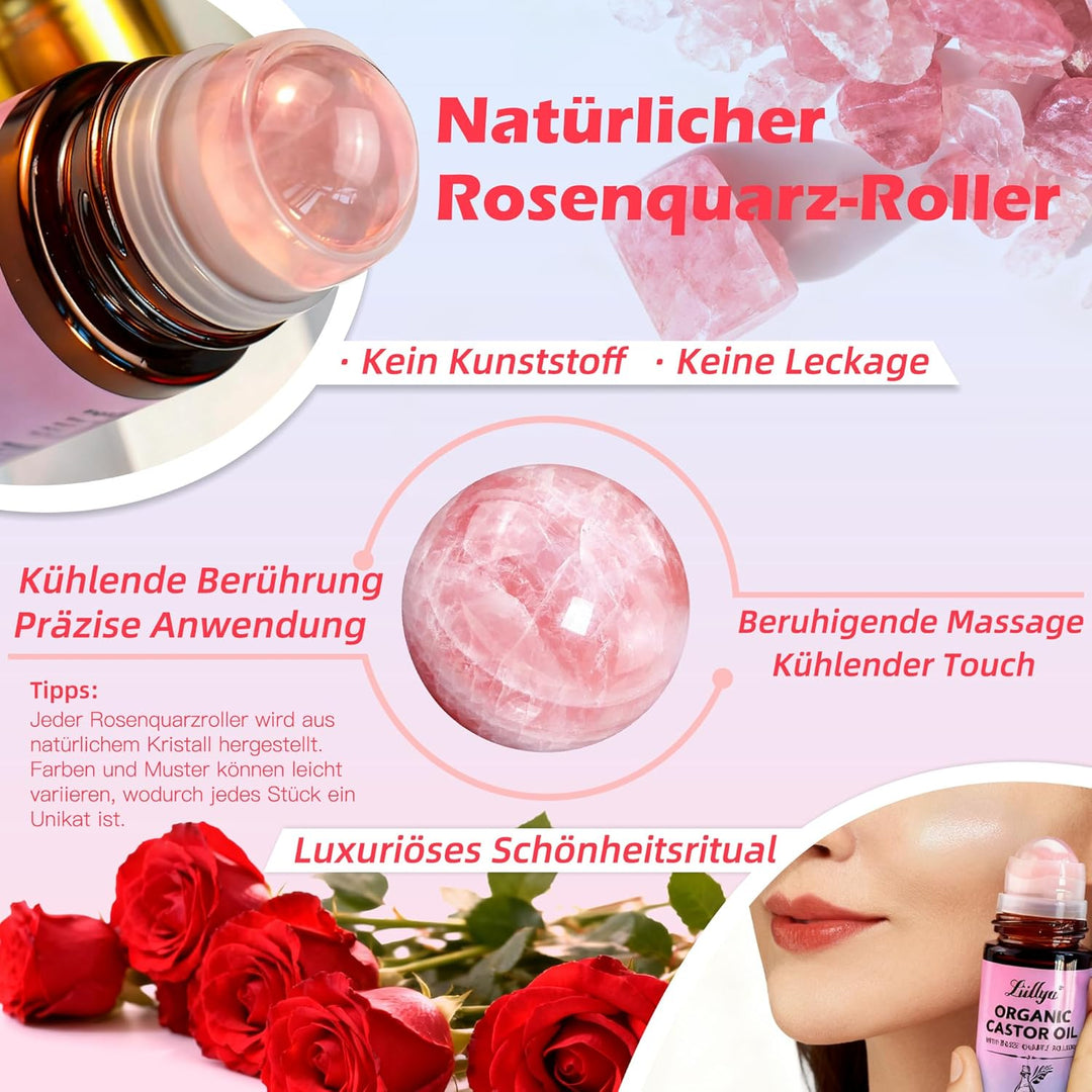 rizinusöl kaltgepresst bio Roll On mit Rosenquarz – Castor Oil Organic 100% Rein, Hexanfrei, Natürli